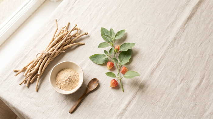 Ashwagandha menopausis: kuivatatud juured, juurepulber kausis ja oks oranžide viljadega linasel riidel