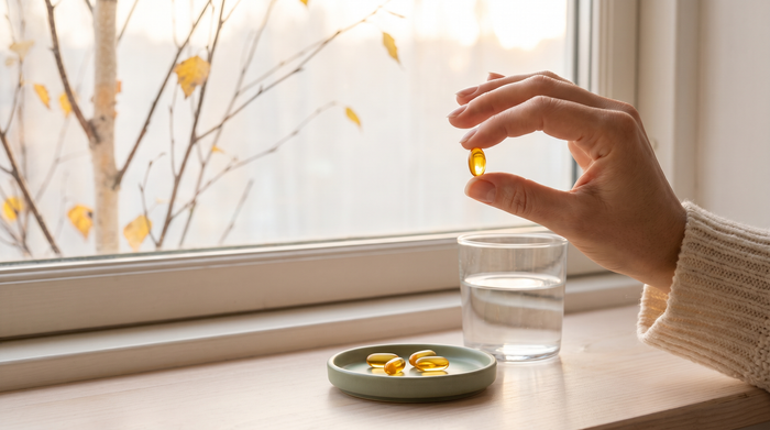 D-vitamiin: naise käsi hoiab kuldset õlikapslit akna ees madala sügispäikese valguses