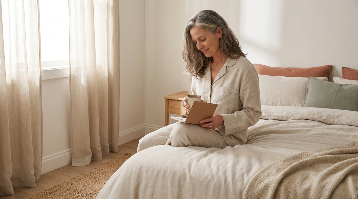 Naine unepäevikuga hommikuvalguses voodiserval – kuidas magada menopausis paremini.