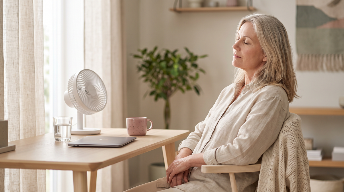 Kuumahood ja väsimus: viiekümnendates naine puhkab töölaua taga silmi, laual ventilaator ja klaas vett