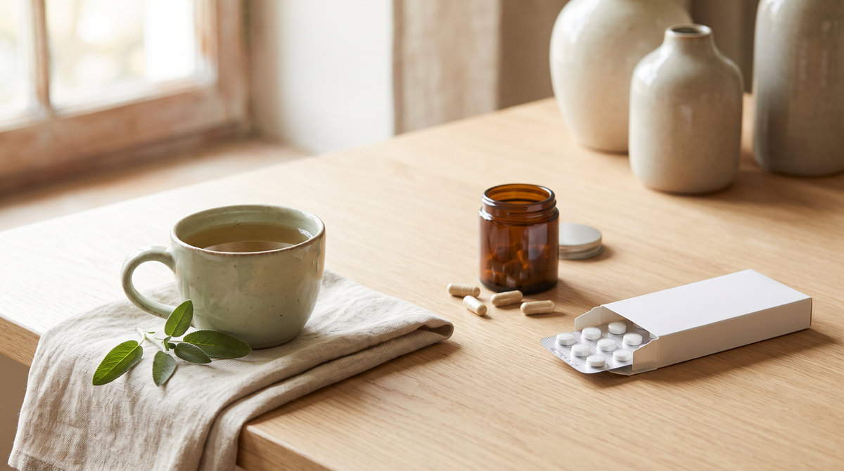 Looduslikud menopausi ravimid: salveitee, sildita kapslipurk ja valge ravimikarp tabletilehega puidust laual