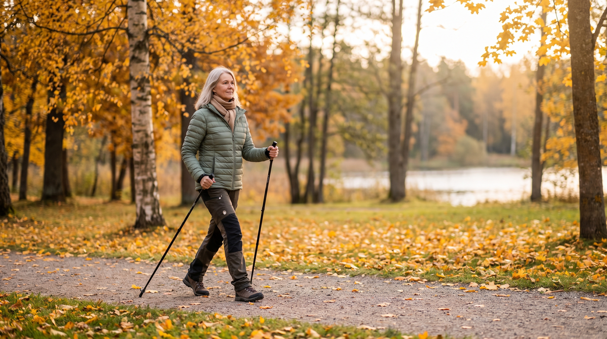 Menopaus ja osteoporoos: viiekümnendates naine kepikõnnil sügisesel pargiteel, liikumine aitab luid hoida