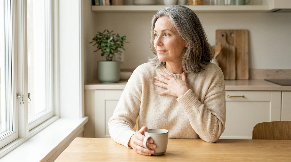 Keskealine naine köögilauas käega rinnal – südamekloppimine menopausis on sage sümptom.