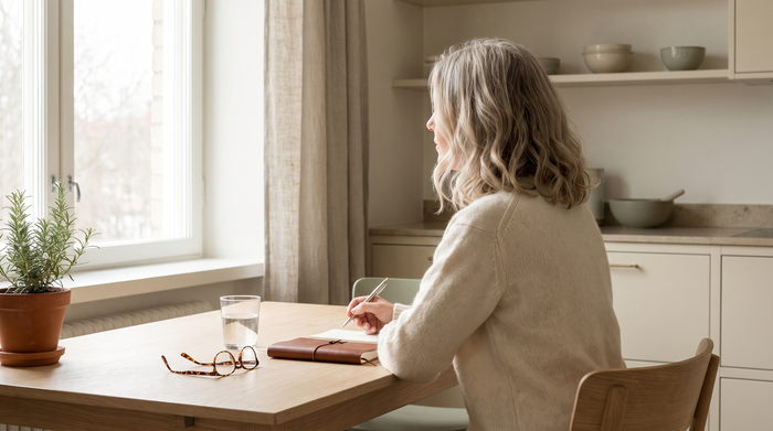 Mis aitab menopausi vastu: naine kirjutab köögilaua taga märkmikusse ja kaalub võimalusi, kõrval veeklaas ja prillid