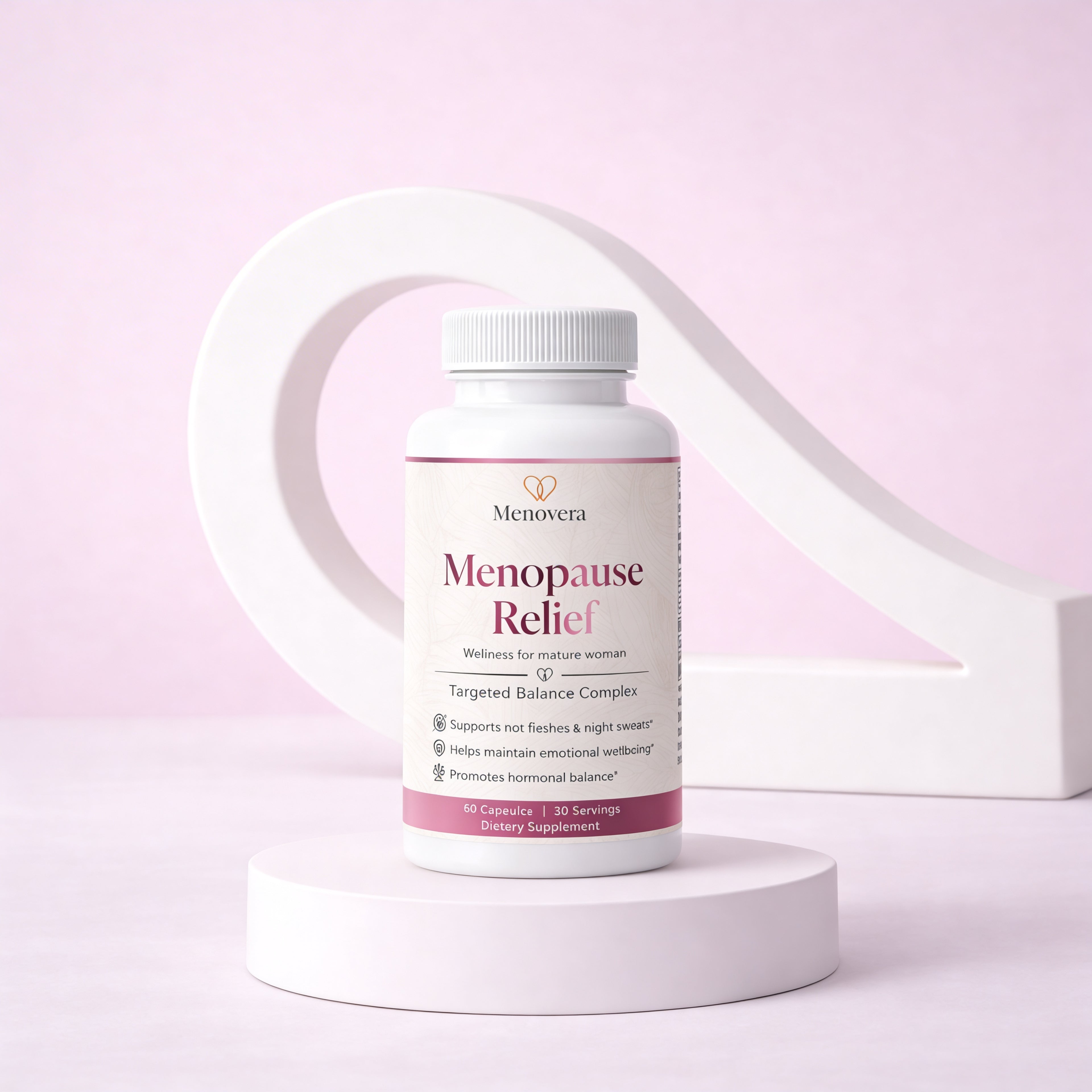 Menopause Relief supplement bottle on a pink background