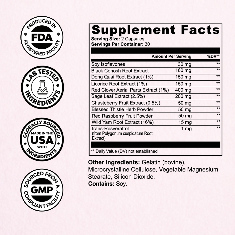 Menopause Relief supplement label with all natural ingredients