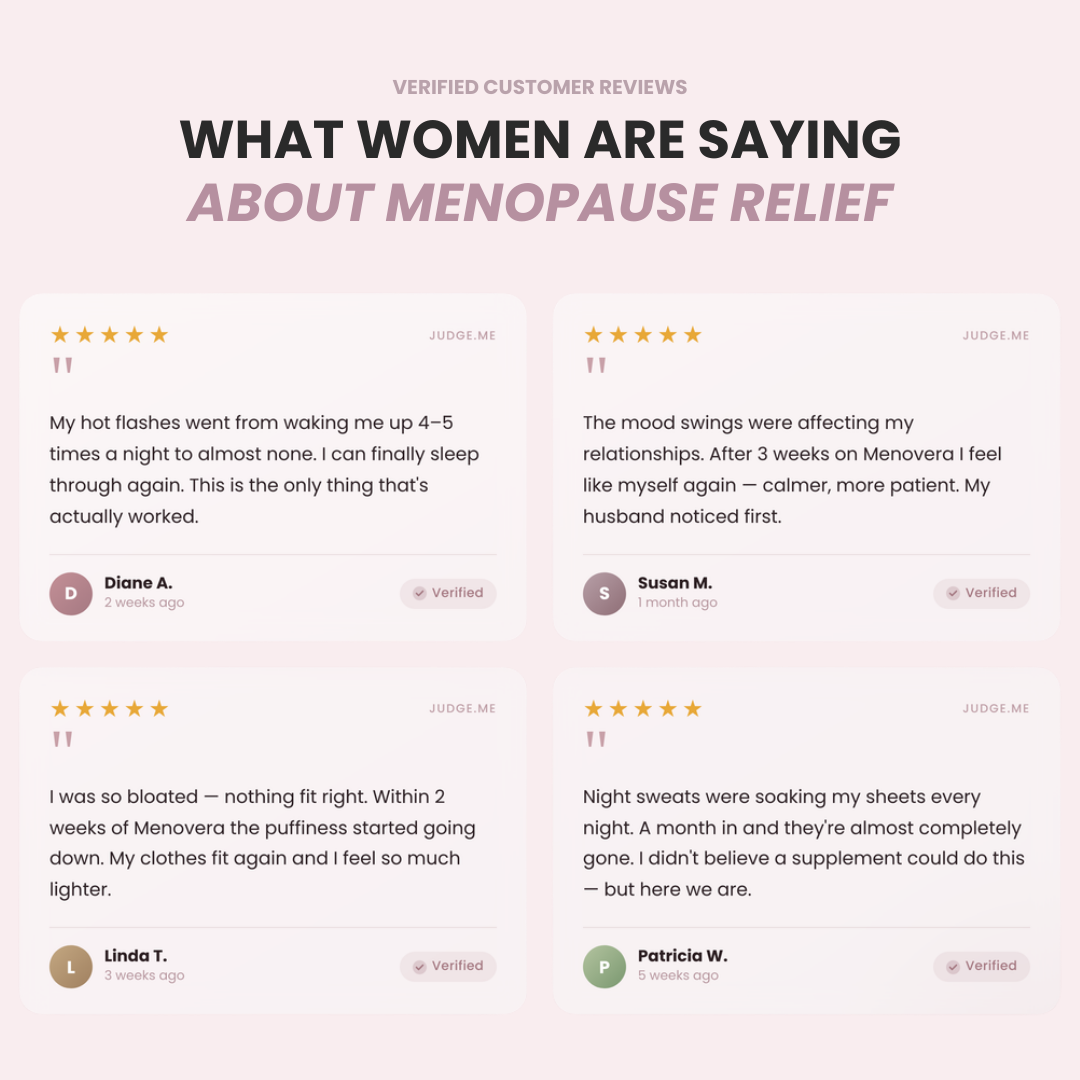 Customer reviews for menopause relief on a light pink background